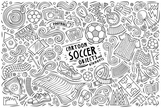 ilustrações de stock, clip art, desenhos animados e ícones de vector doodle cartoon set of soccer objects - soccer glove