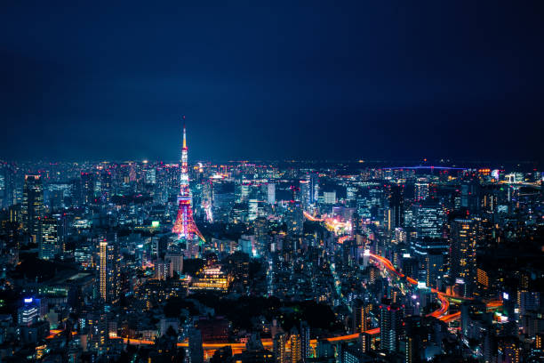 tokyo, japon horizon - tokyo prefecture tokyo tower night skyline photos et images de collection