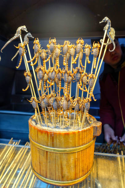 Fried scorpions and seahorses on Wangfujing Snack Street in Beijing China BEIJING, CHINA - MARCH 11, 2016: Fried scorpions and seahorses on Wangfujing Snack Street in Beijing China wangfujing stock pictures, royalty-free photos & images