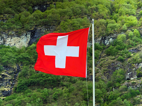 Image of young man with casual clothes drags flag of Switzerland, shot outdoors