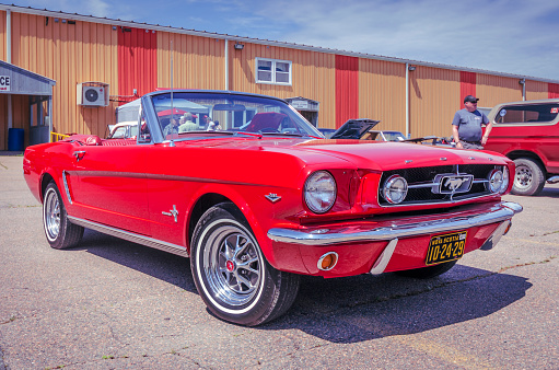 Brookfield, Nova Scotia, Canada - July 20, 2019 : Classic 1965 Ford Mustang convertible at Brookfield Homecoming Classic Car Cruise In.