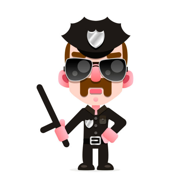 ilustrações de stock, clip art, desenhos animados e ícones de a police officer in an american police uniform with a baton , and sunglasses - humor badge blue crime