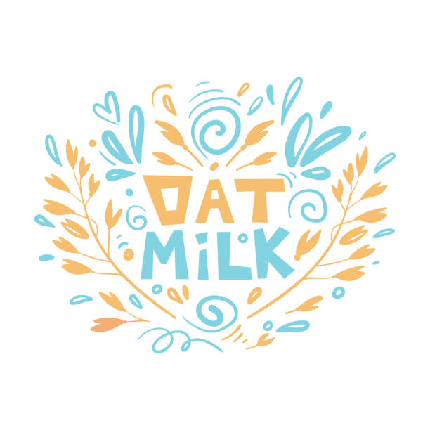 ilustrações de stock, clip art, desenhos animados e ícones de oat milk hand drawn lettering. spikes and grains of oats. a handful of oats seed. template for banner, card, poster, print and other design projects. cow's milk alternative. - flakes