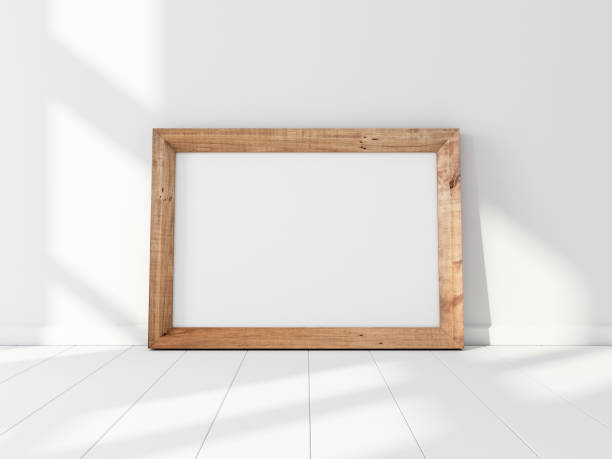 istock Horizontal Wooden Frame Mockup standing on the white floor 1164714824