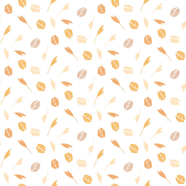 Seamless pattern with oat flakes on white background. Cereal plants, agriculture industry organic crop products for oat groats flakes, oatmeal packaging design.Oat flakes seamless background. Oat milk Seamless pattern with oat flakes on white background. Cereal plants, agriculture industry organic crop products for oat groats flakes, oatmeal packaging design.Oat flakes seamless background. Oat milk bread patterns stock illustrations