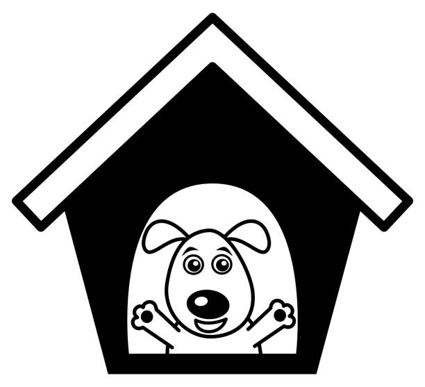 ilustrações de stock, clip art, desenhos animados e ícones de a smiling and happy dog in his black doghouse - in the dog house kennel house isolated