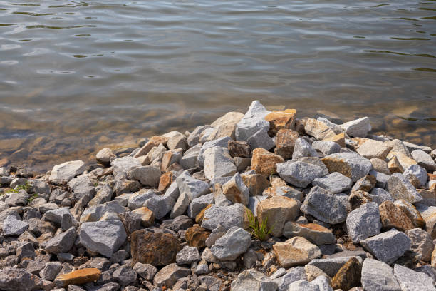 Stones in the water. The rocky shore of the pond. Resting at the lake. Holiday hiking. Europe, Poland, Mazovia.