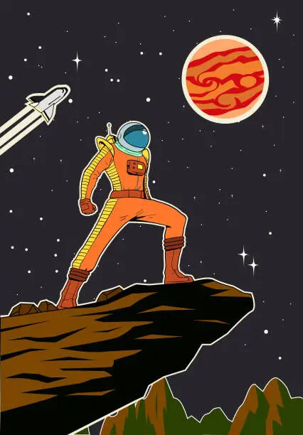 Vector illustration of Vector Retro Astronaut in Space Poster Illustration