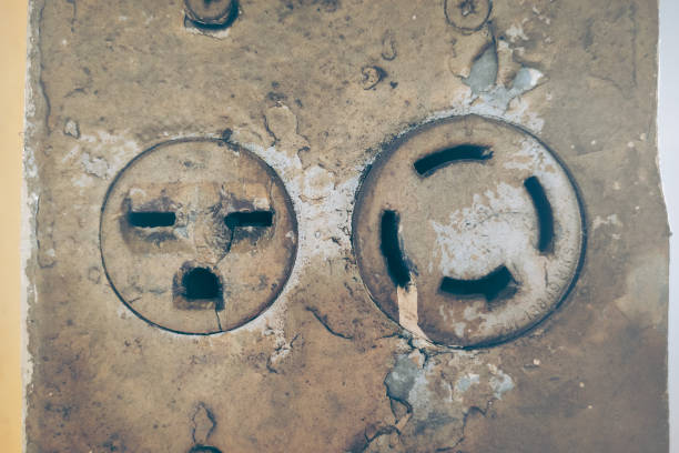An old style electric plug on a grunge concrete look like human's face in an angry emotion.
