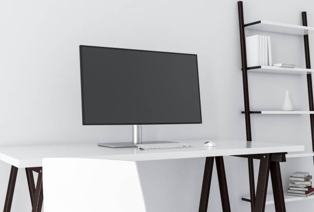 istock Modern wide Monitor Mockup on white table 1164720181