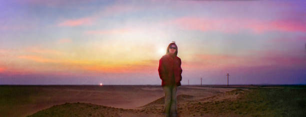 giza,- cairo egypt : sunset desert road and woman in 11/09/1999 - desert road fotos imagens e fotografias de stock