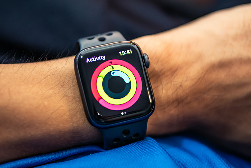 Bangkok, Thailand - July 27, 2019 : Apple Watch Nike+ Series 4 showing its screen with Activity Rings.