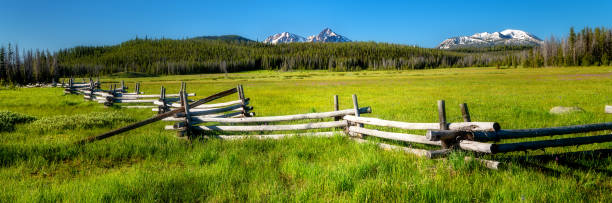 istock Famous Stanley and Sawtooth log fence in a meadow with mountain range 1164723752