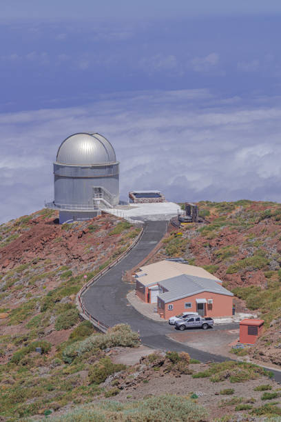 Roque de los Muchachos, La Palma/Spain; September 12 2018: Roque de los Muchachos Observatory telescope, with sunlight, Garafía, La Palma, Canary islands, Spain