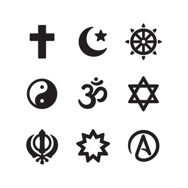 Religion symbols icon set Icon set of religious symbols. Christianity, Islam, Buddhism, other main world religions and Atheism sign, simple and modern minimal style. Vector pictogram collection. dharma stock illustrations
