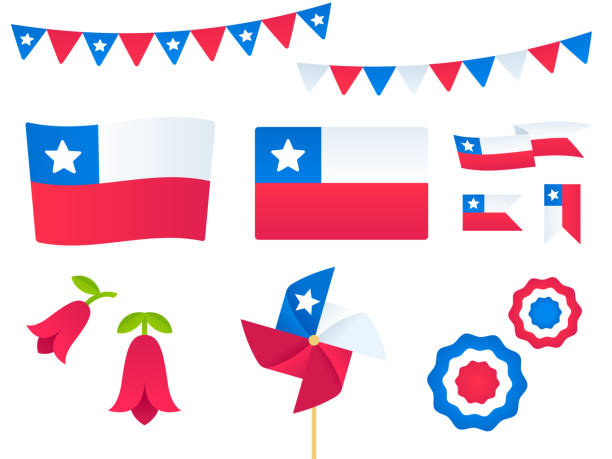 Chile vector design elements set Chile vector design elements set. Flags, ribbons, pinwheels, rosettes, national flower Copihue. Fiestas Patrias (Dieciocho), Chilean Independence Day. chile stock illustrations