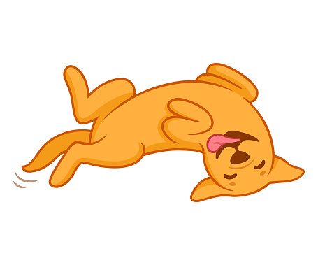 Funny cartoon dog rolling on its back with belly up. Cute friendly golden labrador retriever asking for tummy rubs. Vector clip art illustration.