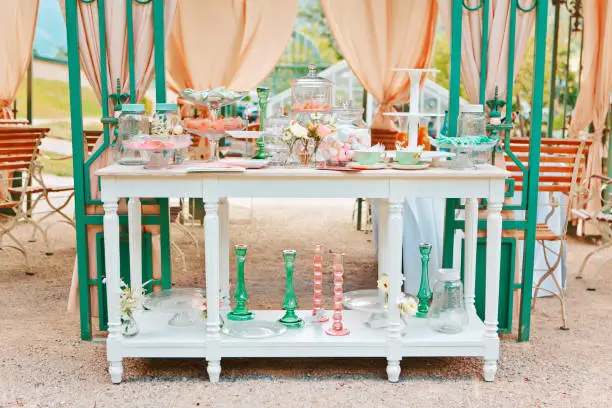 A picnic table with dishes, wine glasses, candleholders and various snacks, swomens day, wedding, celebration, romance, picnic, nature concept