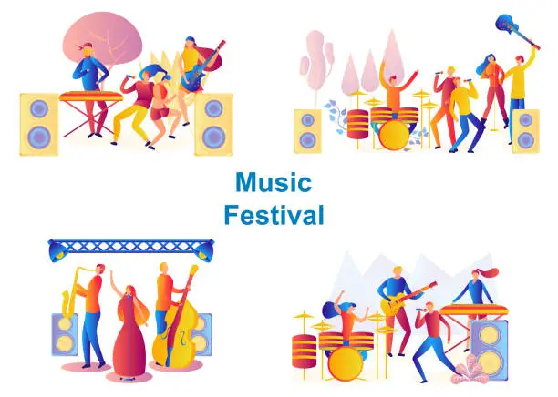 Vector illustration of Set of bands performing on stage. Men and woman artists outfit playing with musical Instruments