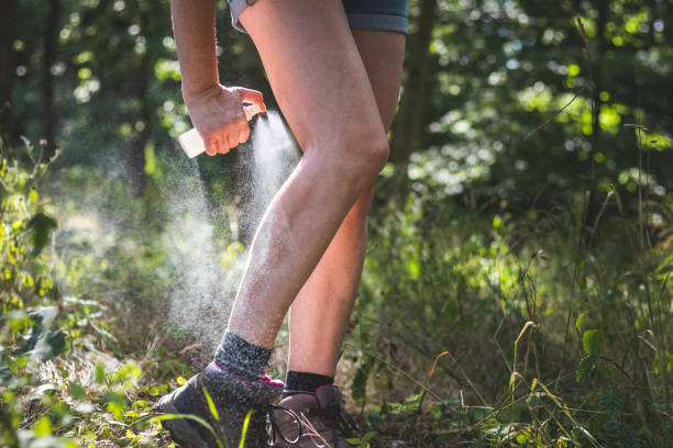 Insect repellent. Skin protection against tick and other insect. Woman applying mosquito repellent on her legs in forest. bug bite photos stock pictures, royalty-free photos & images