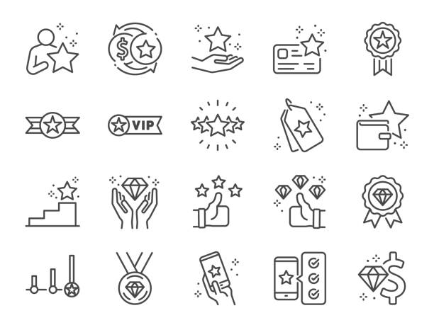 ilustraciones, imágenes clip art, dibujos animados e iconos de stock de conjunto de iconos de línea del programa de regalías. iconos incluidos como miembro, vip, exclusivo, diamante, insignia, alto nivel y más. - incentivo