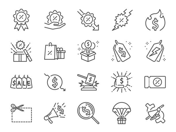 illustrations, cliparts, dessins animés et icônes de ensemble d'icônes de ligne de réduction. icônes incluses comme vente, shopping, pour cent, promotion, badge, dégagement et plus encore. - interface icons flash