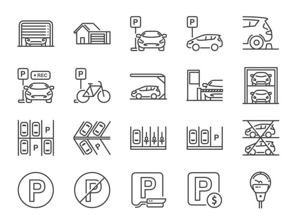 zestaw ikon linii parkingowych. zawiera ikony jako garaż, pracownik valet, płatny parking, rejestrator, winda, kamera bezpieczeństwa i wiele innych. - przestrzeń pojazd stock illustrations