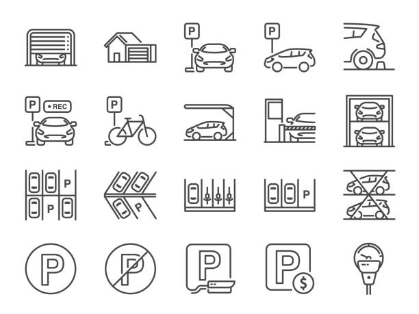 ilustrações, clipart, desenhos animados e ícones de jogo do ícone da linha do estacionamento. ícones incluídos como garagem, valet servo, estacionamento pago, gravador, elevador, câmera de segurança e muito mais. - recreational equipment