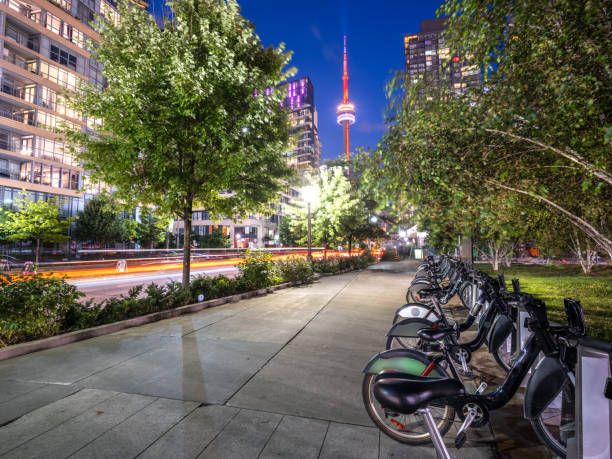 The Toronto city skyline at dusk.