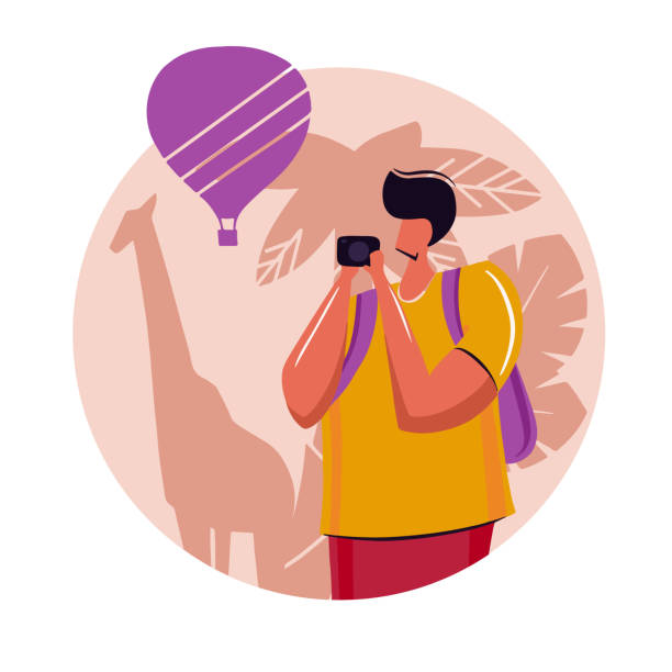 istock Young man tourist with backpack traveling on holiday trip.Taking a photo with a phone camera.Vacation concept tropical nature background.Vector illustration with flat cartoon characters. 1164734365
