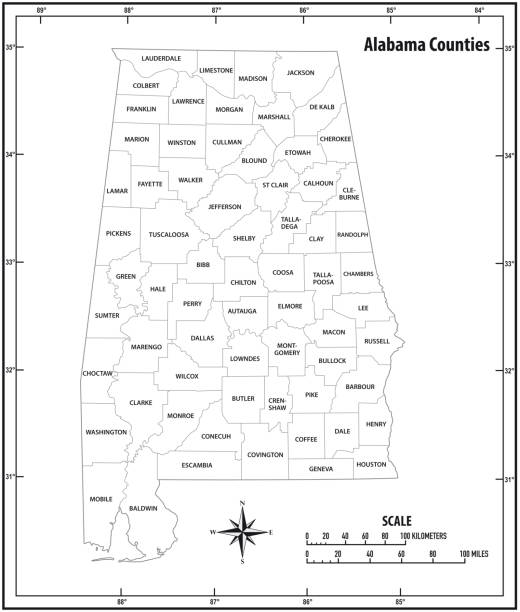 阿拉巴馬州概述行政和政治向量地圖在黑色和白色 - alabama 幅插畫檔、美工圖案、卡通及圖標