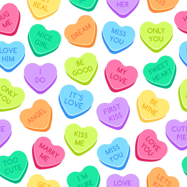 ilustraciones, imágenes clip art, dibujos animados e iconos de stock de patrón de caramelos de corazón dulce. coloridos corazones de san valentín, caramelos de conversación de amor y la ilustración vectorial sin costuras caramelo de amor - candy heart candy valentines day heart shape