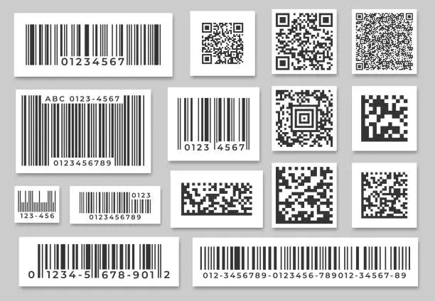 Vector illustration of Barcode labels. Code stripes sticker, digital bar label and retail pricing bars labeling stickers. Industrial barcodes vector set