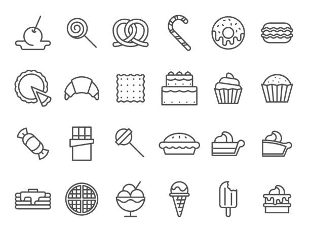 süße dessert-symbole. süßer kuchen, süßigkeiten-eis und muffin-kuchen. desserts linie kunst vektor-symbol-set - muffin stock-grafiken, -clipart, -cartoons und -symbole
