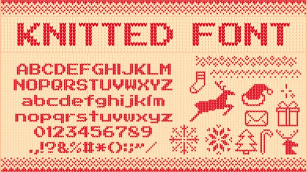 winter pullover schriftart. gestrickte weihnachten pullover buchstaben, stricken pullover xmas muster und hässlichen pullover strickt vektor illustration set - pullover stock-grafiken, -clipart, -cartoons und -symbole