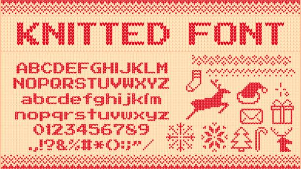 Winter sweater font. Knitted christmas sweaters letters, knit jumper xmas pattern and ugly sweater knits vector illustration set Winter sweater font. Knitted christmas sweaters letters, knit jumper xmas pattern and ugly sweater knits. Norwegian holiday knit sweater abc and number, new year jumper vector illustration signs set ugly animal stock illustrations