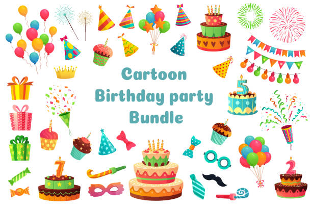 ilustrações, clipart, desenhos animados e ícones de pacote da festa de anos dos desenhos animados. os queques doces da celebração, balões coloridos e presentes de aniversário vector a ilustração ajustada - birthday cupcake cake candy