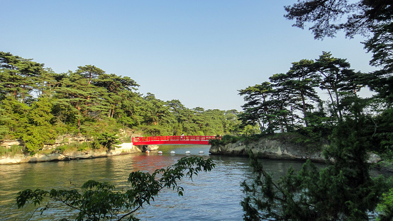 Ojima Island in Town Matsushima. located on the other side of vermilion-lacquered Togetsu Bridge. Part of the famous Matsushima Bay, the Three Views of Japan, Miyagi Prefecture, Japan.