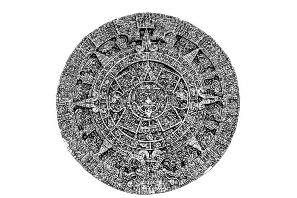 Ancient Aztec Calendar which was once used by native North Americans. Monochrome. stock photo