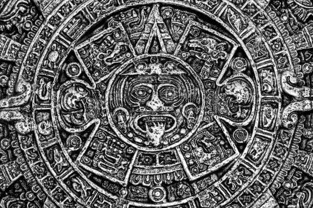 istock Ancient Aztec Calendar which was once used by native North Americans. Monochrome. 1164739208