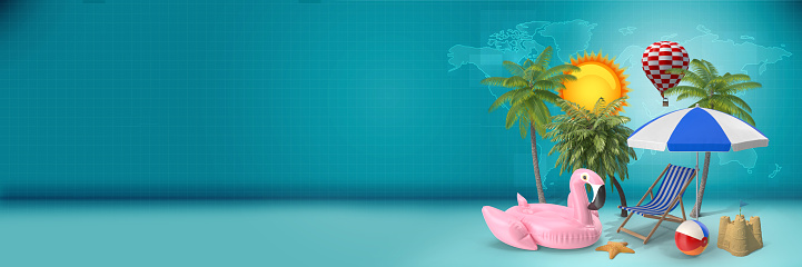 Summer travels. 3D hot air balloon, inflatable pink flamingo, sun bed, umbrella, beach ball, sun, palm tree objects and world map in background with large copy space.