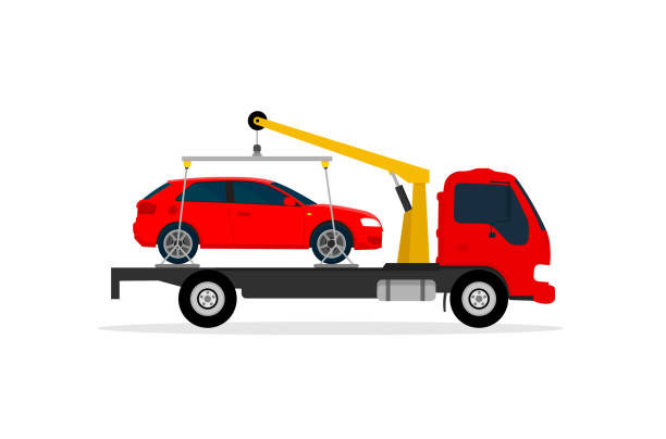 istock Car on tow truck. Roadside assistance. Vector illustration. Flat design. 1164744634