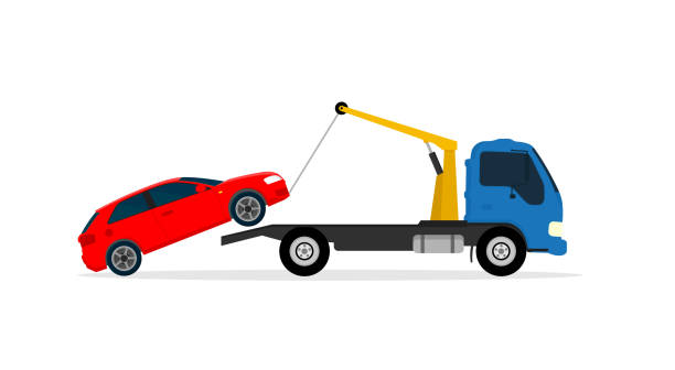 ilustrações de stock, clip art, desenhos animados e ícones de vector illustration roadside assistance. tow truck towing the car. - semi auto