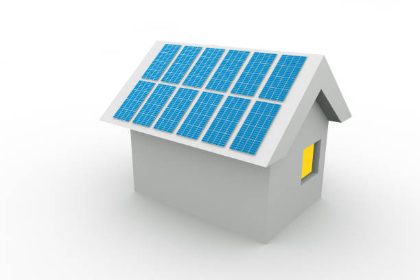 Small paper house with solar panels on the roof isolated on white.  Green energy, three dimensional illustration.
