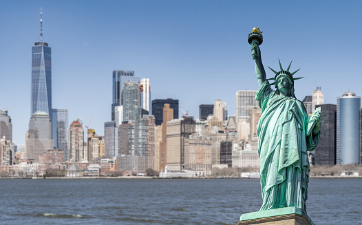 Aerial view of Statue of Liberty in sea, New York City, New York State, USA.