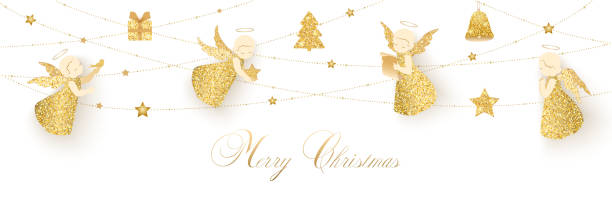 stockillustraties, clipart, cartoons en iconen met merry christmas card met engelen en geschenken - kerstengel