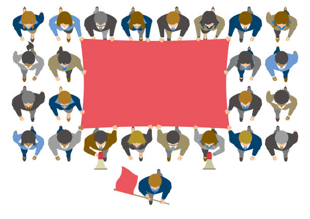 Overhead view of business people protesting with blank flag vector art illustration