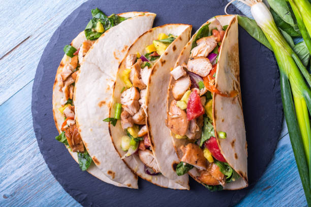 istock Tacos with vegetables, avocado and chicken breast on a slate dish - traditional mexican appetizer 1164757497