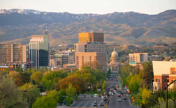 Downtown city center of Boise Idaho framed by Schafer Butte