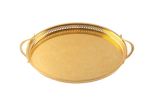 Vintage gold tray isolated on white background. Copy space for text.